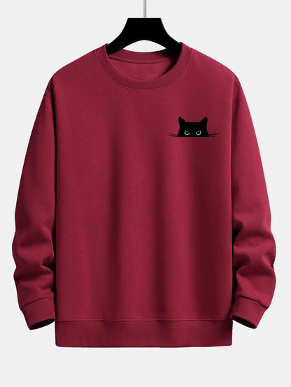 Schwarzes Relaxed Fit Sweatshirt mit Katzen-Print