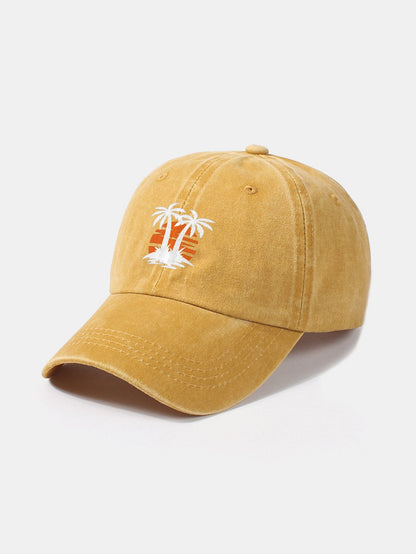 Klassische, lässige Baseballkappe aus gewaschener Baumwolle im Retro-Stil mit Kokosnussbaum-Sonnenuntergangsmuster 