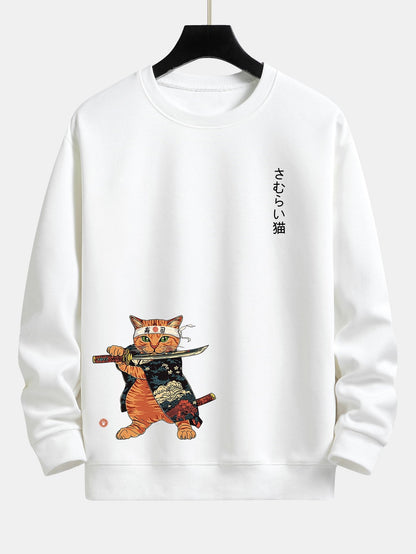 Relaxed Fit Sweatshirt mit Samurai-Kriegerkatzen-Print