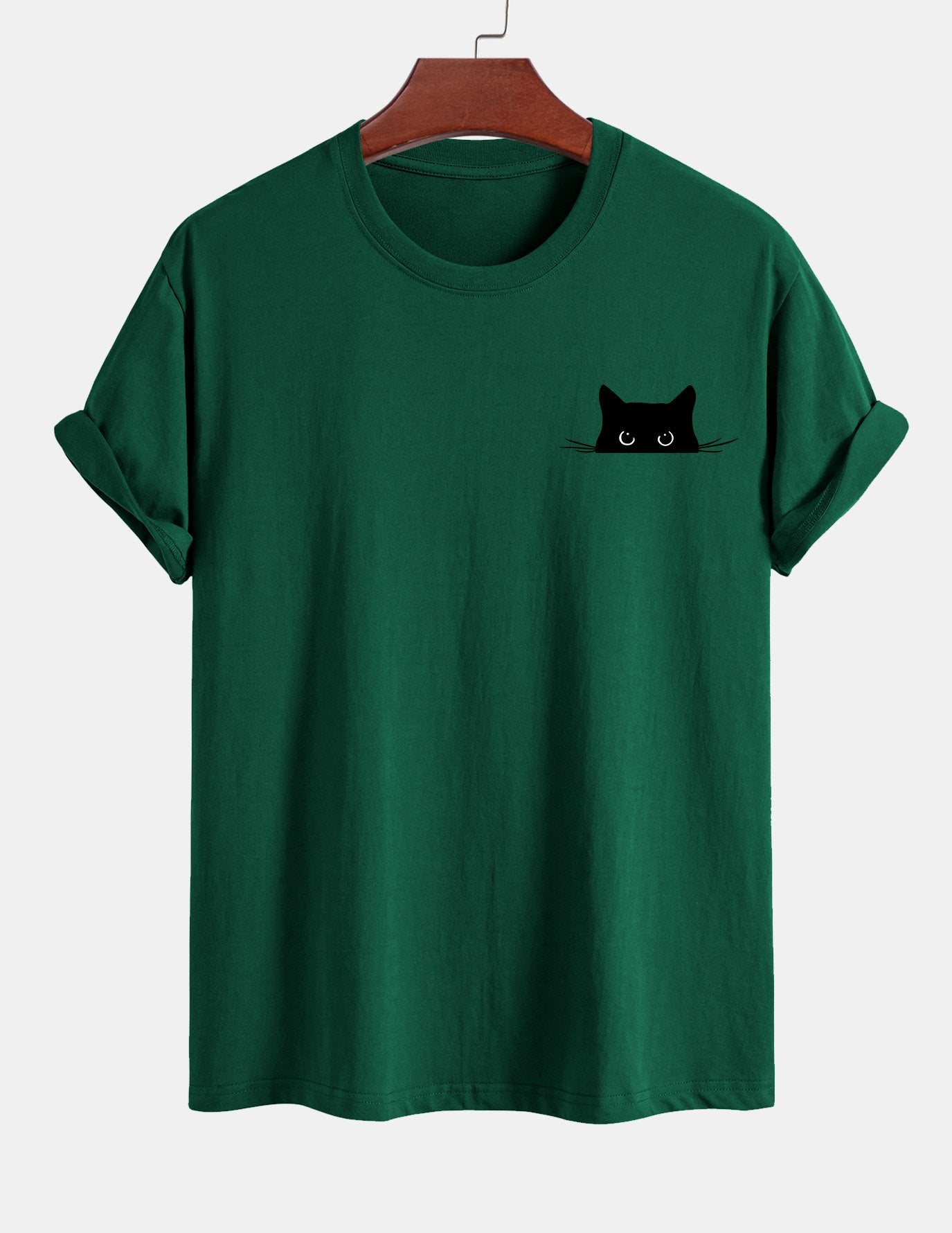 Schwarzes Baumwoll-T-Shirt mit Katzen-Print in normaler Passform