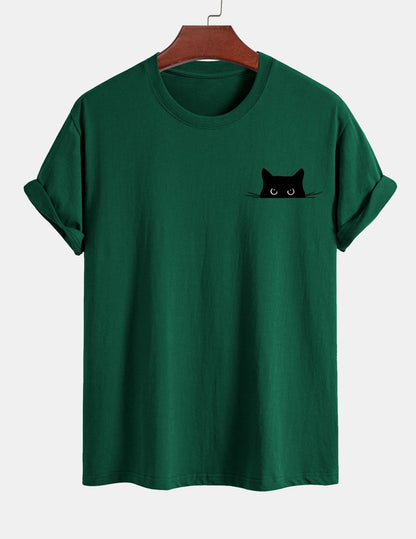 Schwarzes Baumwoll-T-Shirt mit Katzen-Print in normaler Passform