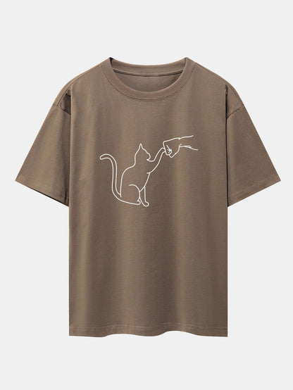 Fist Bump Cat Print Drop Shoulder Oversize T-Shirt