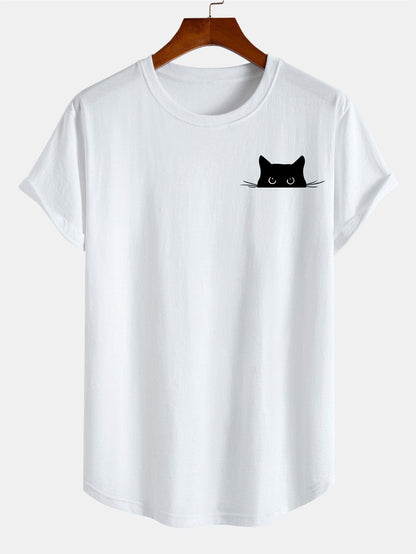 Schwarzes Baumwoll-T-Shirt mit Katzen-Print und Bogensaum