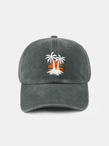 Klassische, lässige Baseballkappe aus gewaschener Baumwolle im Retro-Stil mit Kokosnussbaum-Sonnenuntergangsmuster 