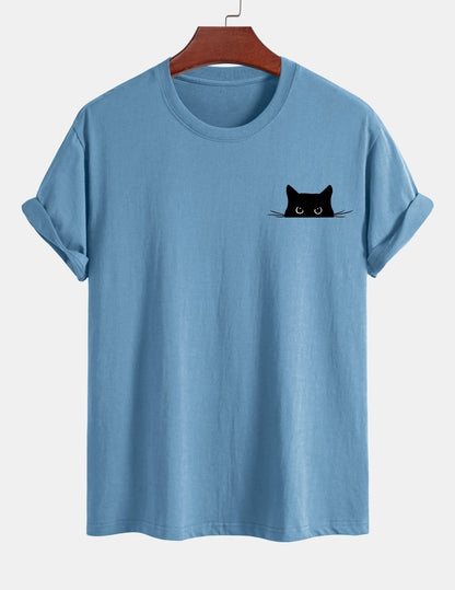 Schwarzes Baumwoll-T-Shirt mit Katzen-Print in normaler Passform