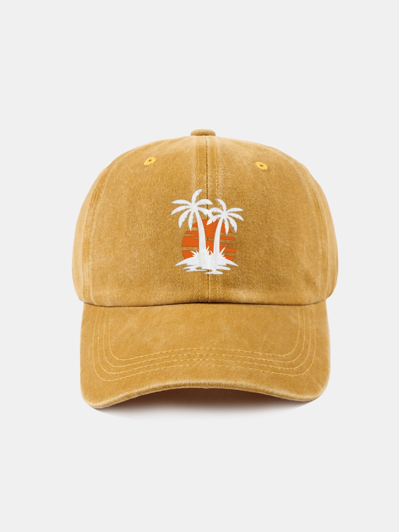 Klassische, lässige Baseballkappe aus gewaschener Baumwolle im Retro-Stil mit Kokosnussbaum-Sonnenuntergangsmuster 