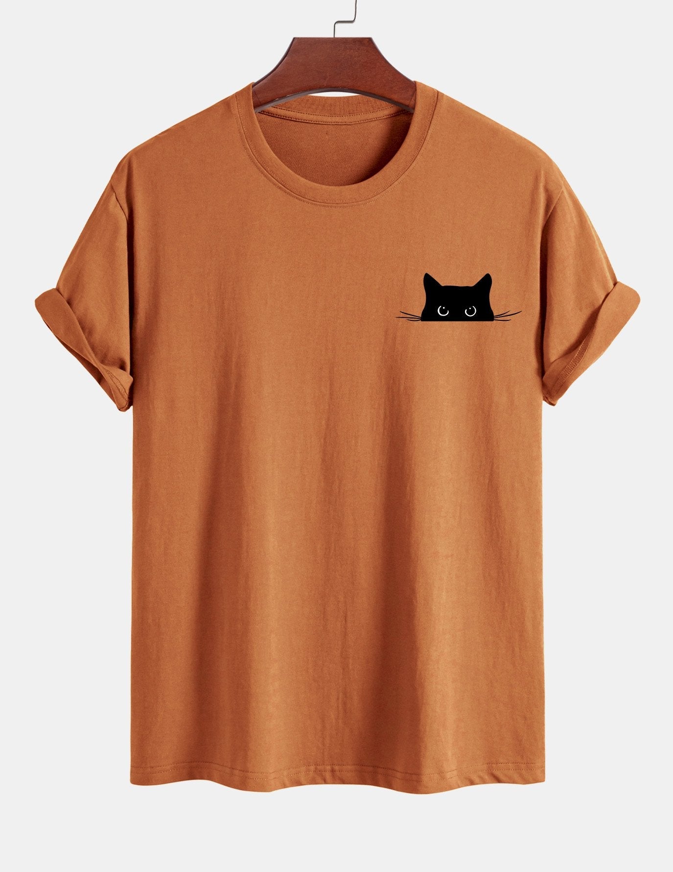 Schwarzes Baumwoll-T-Shirt mit Katzen-Print in normaler Passform