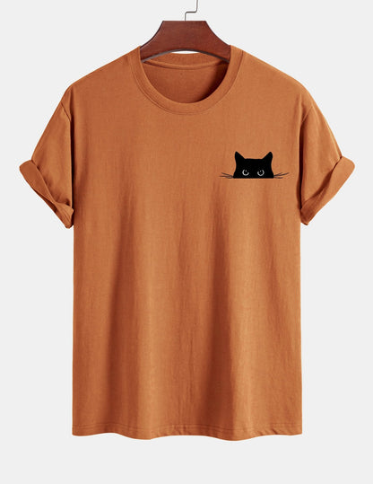 Schwarzes Baumwoll-T-Shirt mit Katzen-Print in normaler Passform