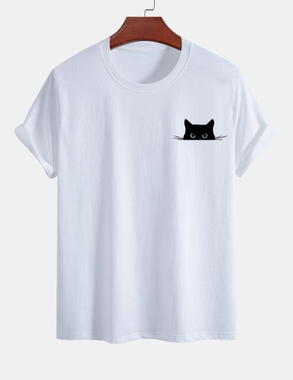 Schwarzes Baumwoll-T-Shirt mit Katzen-Print in normaler Passform