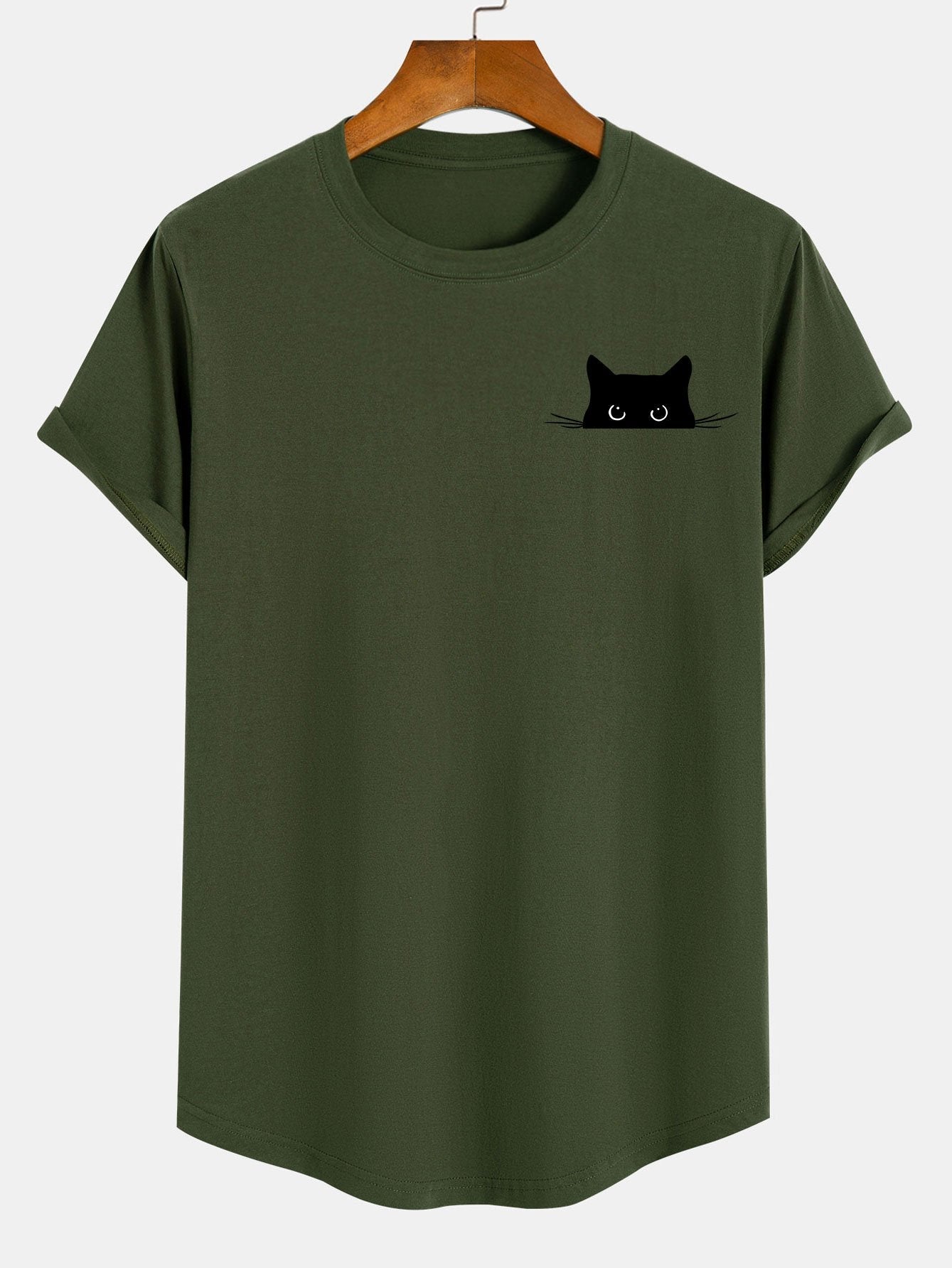 Schwarzes Baumwoll-T-Shirt mit Katzen-Print und Bogensaum