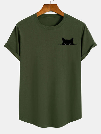 Schwarzes Baumwoll-T-Shirt mit Katzen-Print und Bogensaum