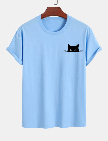 Schwarzes Baumwoll-T-Shirt mit Katzen-Print in normaler Passform