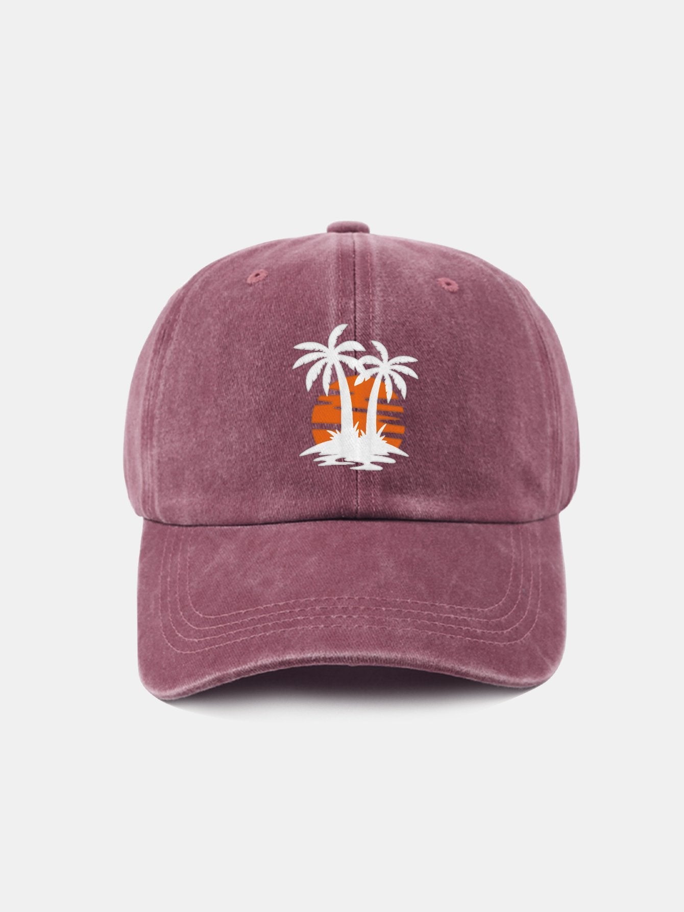 Klassische, lässige Baseballkappe aus gewaschener Baumwolle im Retro-Stil mit Kokosnussbaum-Sonnenuntergangsmuster 