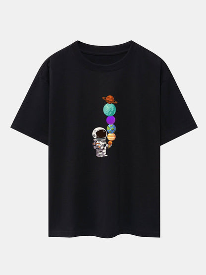 Oversize-T-Shirt mit überschnittener Schulter und Planet-Astronaut-Print