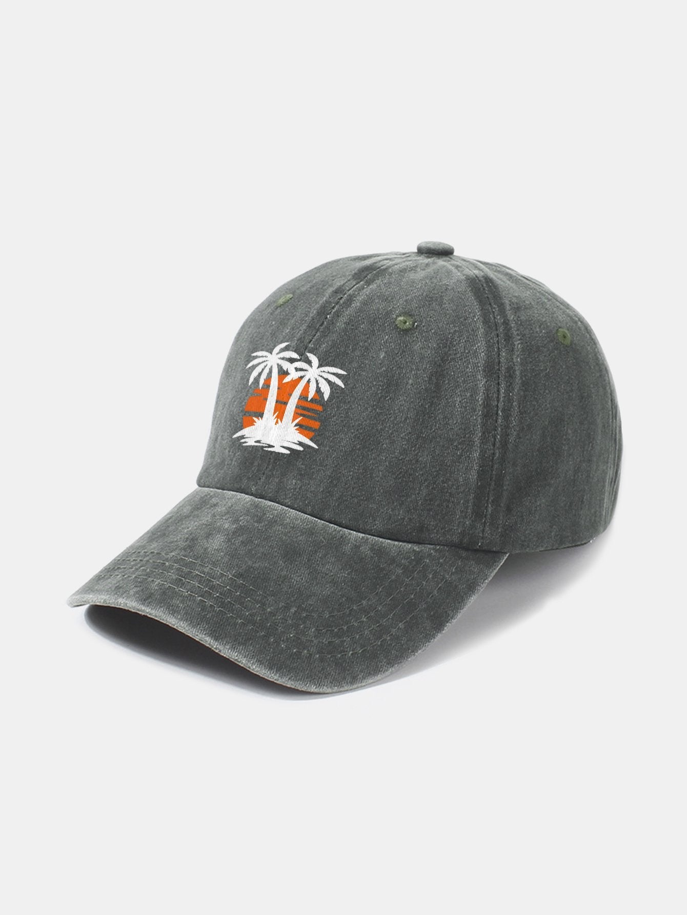 Klassische, lässige Baseballkappe aus gewaschener Baumwolle im Retro-Stil mit Kokosnussbaum-Sonnenuntergangsmuster 