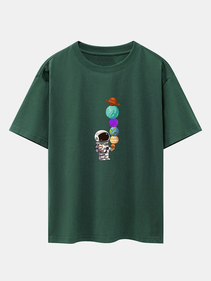 Oversize-T-Shirt mit überschnittener Schulter und Planet-Astronaut-Print