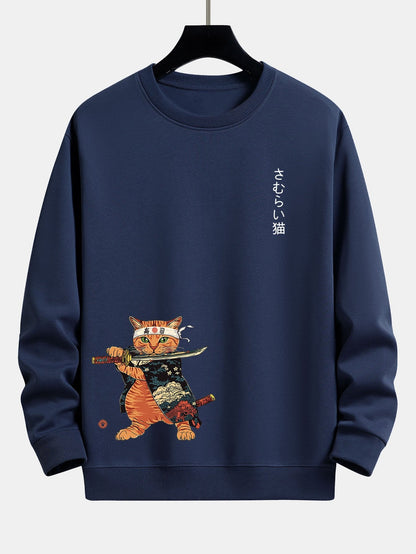 Relaxed Fit Sweatshirt mit Samurai-Kriegerkatzen-Print