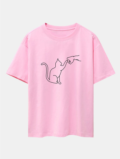 Fist Bump Cat Print Drop Shoulder Oversize T-Shirt