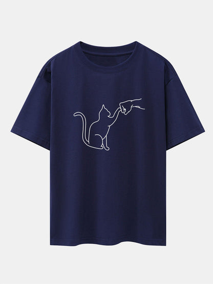 Fist Bump Cat Print Drop Shoulder Oversize T-Shirt