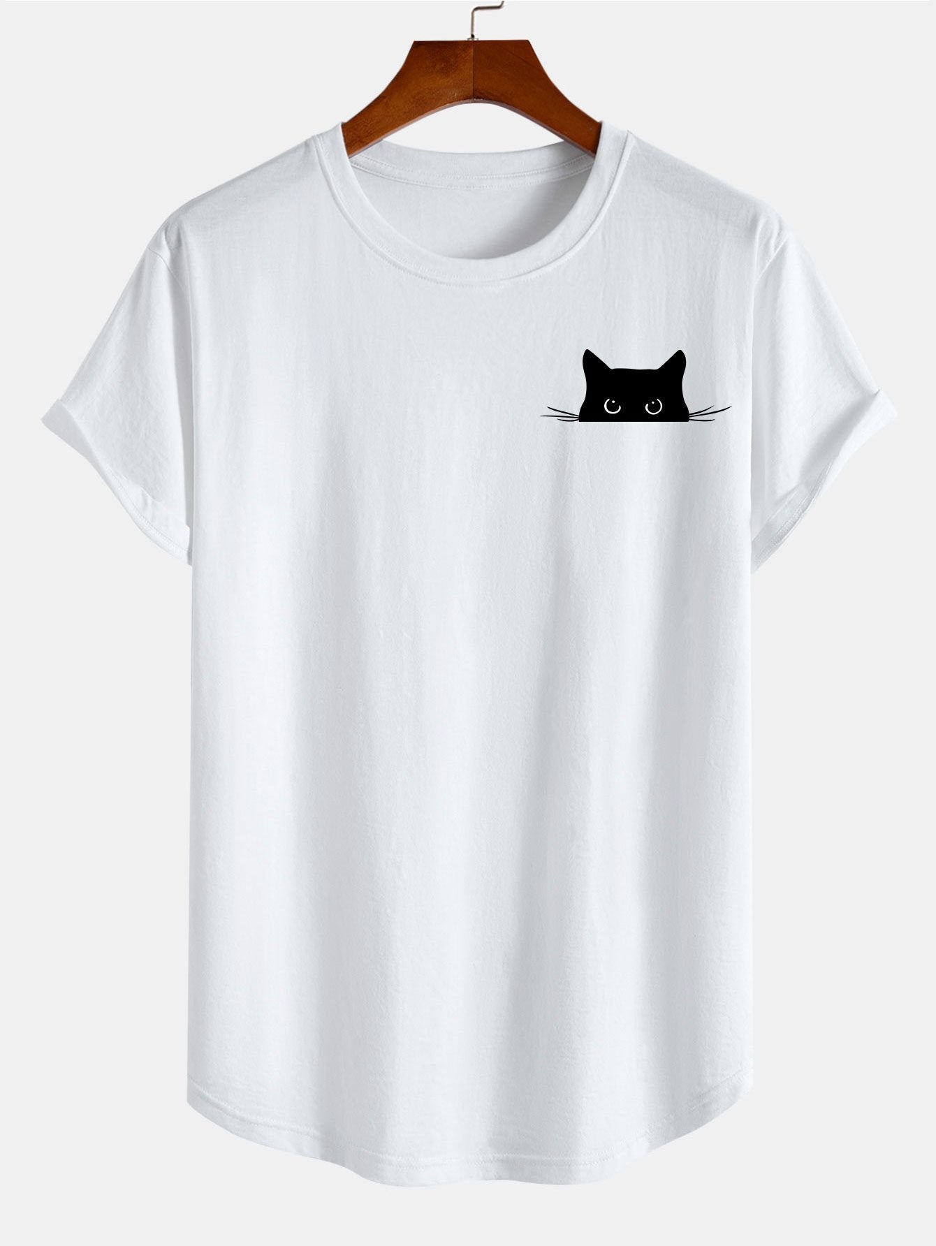 Schwarzes Baumwoll-T-Shirt mit Katzen-Print und Bogensaum
