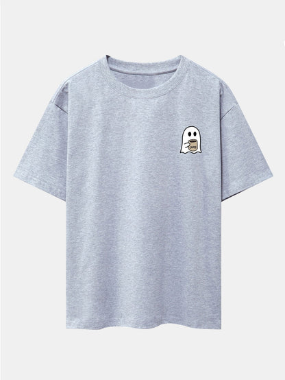 Ghost Drinking Coffee Print Drop Shoulder Oversize T-Shirt