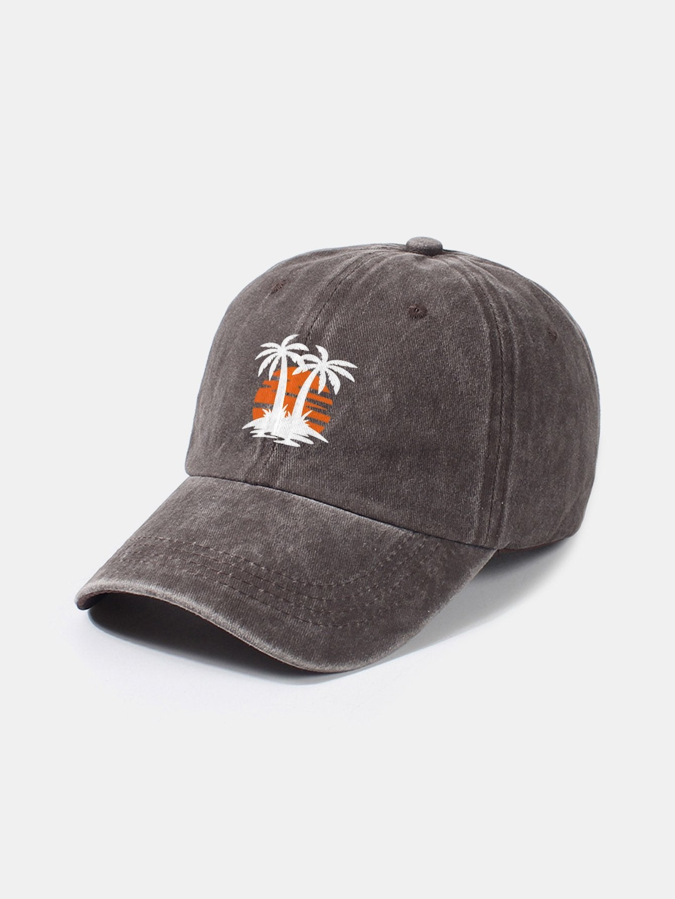 Klassische, lässige Baseballkappe aus gewaschener Baumwolle im Retro-Stil mit Kokosnussbaum-Sonnenuntergangsmuster 