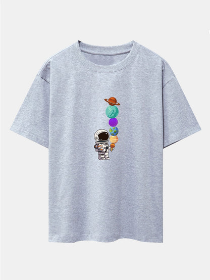 Oversize-T-Shirt mit überschnittener Schulter und Planet-Astronaut-Print