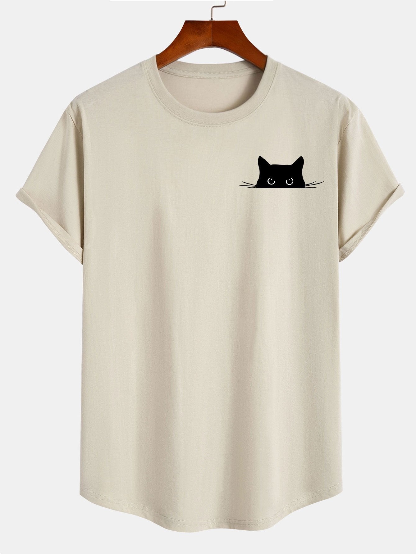 Schwarzes Baumwoll-T-Shirt mit Katzen-Print und Bogensaum