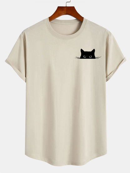Schwarzes Baumwoll-T-Shirt mit Katzen-Print und Bogensaum