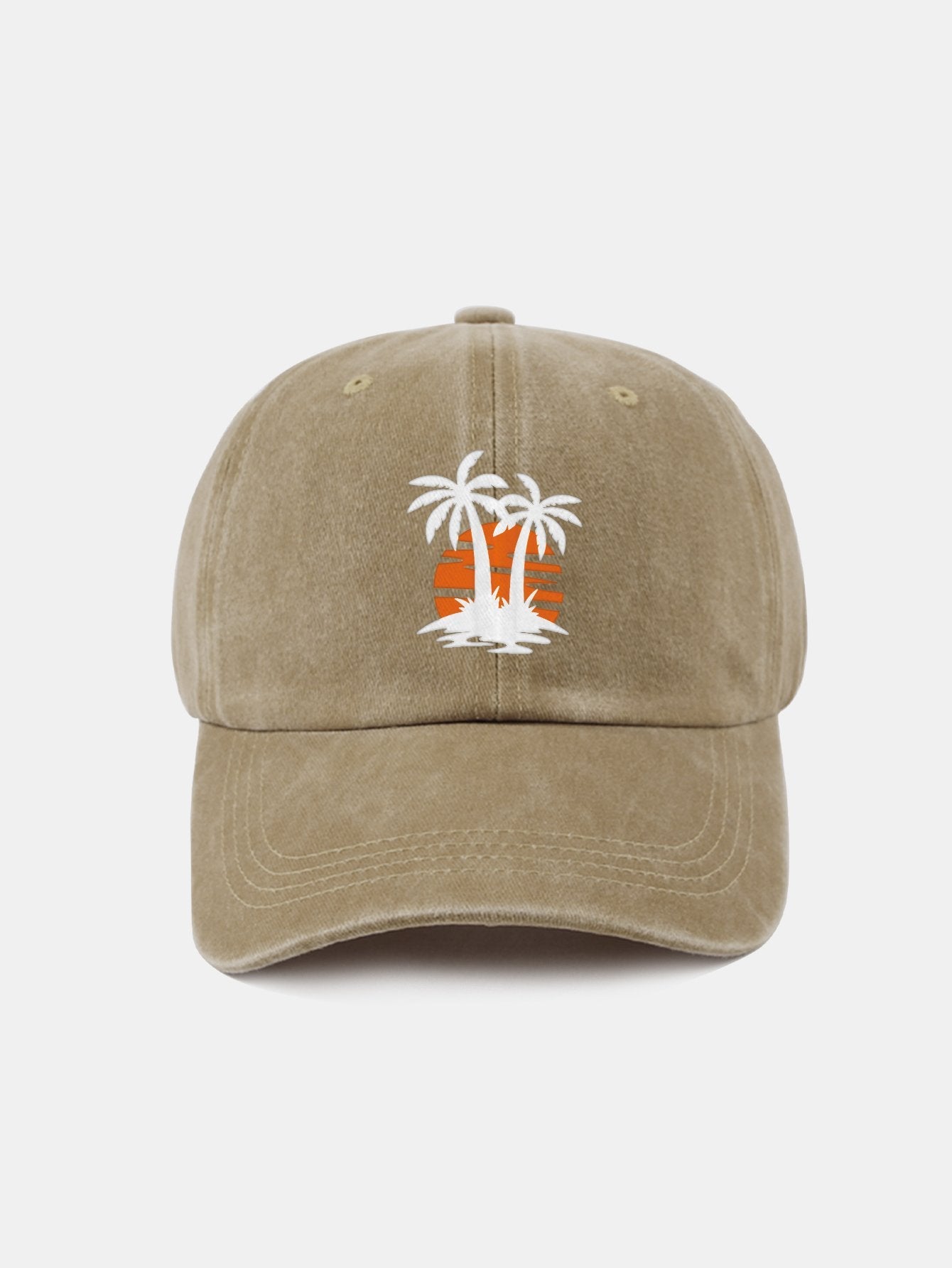 Klassische, lässige Baseballkappe aus gewaschener Baumwolle im Retro-Stil mit Kokosnussbaum-Sonnenuntergangsmuster 