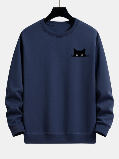 Schwarzes Relaxed Fit Sweatshirt mit Katzen-Print