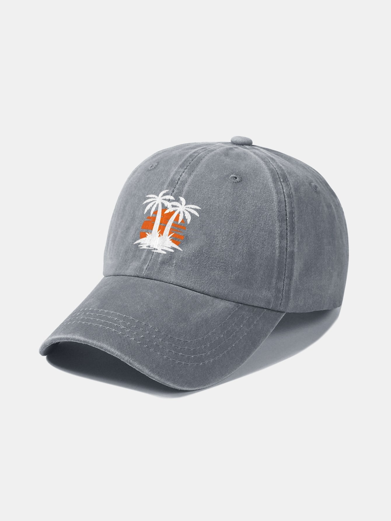 Klassische, lässige Baseballkappe aus gewaschener Baumwolle im Retro-Stil mit Kokosnussbaum-Sonnenuntergangsmuster 