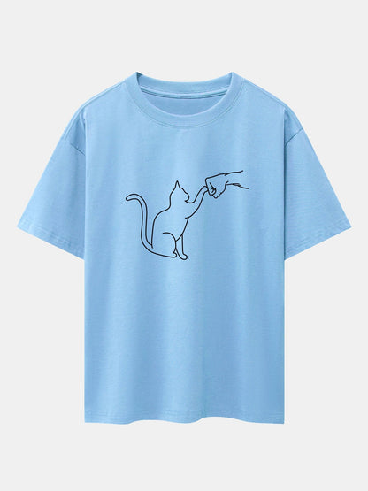 Fist Bump Cat Print Drop Shoulder Oversize T-Shirt