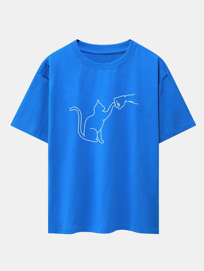 Fist Bump Cat Print Drop Shoulder Oversize T-Shirt