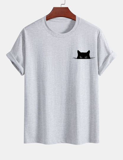 Schwarzes Baumwoll-T-Shirt mit Katzen-Print in normaler Passform
