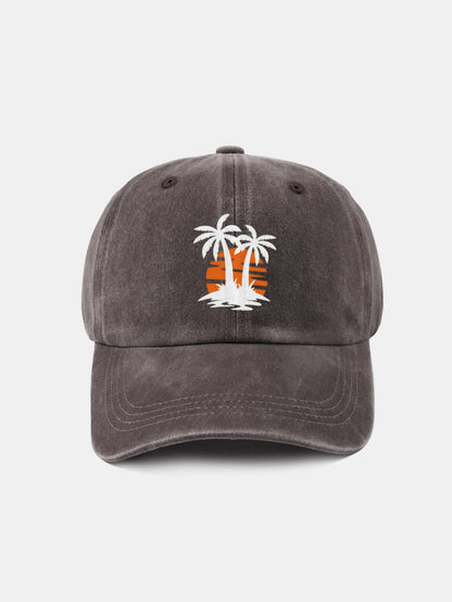 Klassische, lässige Baseballkappe aus gewaschener Baumwolle im Retro-Stil mit Kokosnussbaum-Sonnenuntergangsmuster 