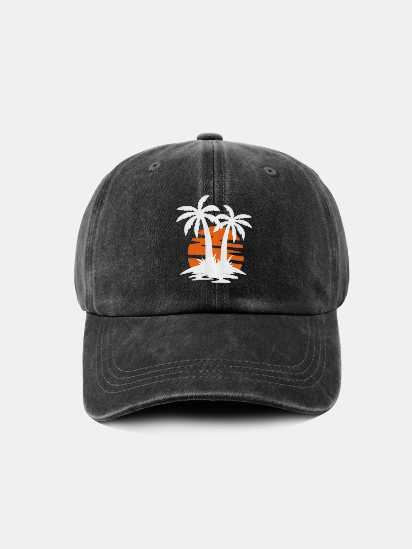 Klassische, lässige Baseballkappe aus gewaschener Baumwolle im Retro-Stil mit Kokosnussbaum-Sonnenuntergangsmuster 