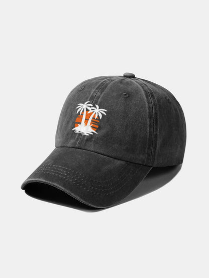 Klassische, lässige Baseballkappe aus gewaschener Baumwolle im Retro-Stil mit Kokosnussbaum-Sonnenuntergangsmuster 