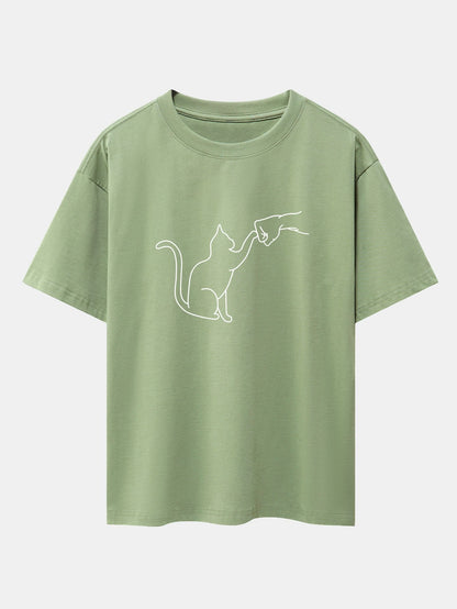 Fist Bump Cat Print Drop Shoulder Oversize T-Shirt