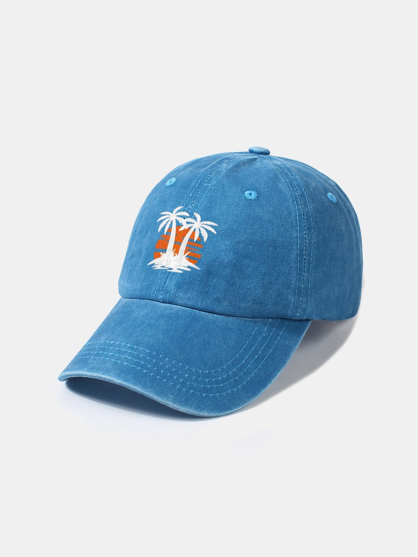 Klassische, lässige Baseballkappe aus gewaschener Baumwolle im Retro-Stil mit Kokosnussbaum-Sonnenuntergangsmuster 