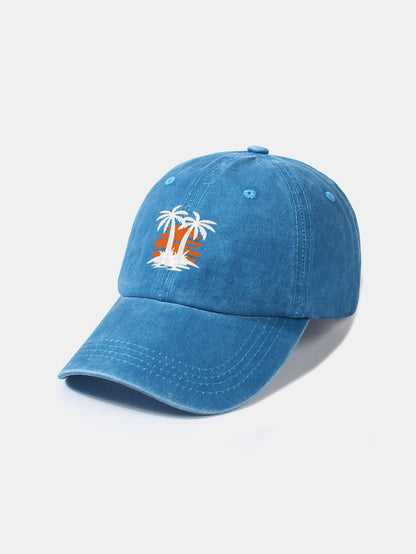 Klassische, lässige Baseballkappe aus gewaschener Baumwolle im Retro-Stil mit Kokosnussbaum-Sonnenuntergangsmuster 
