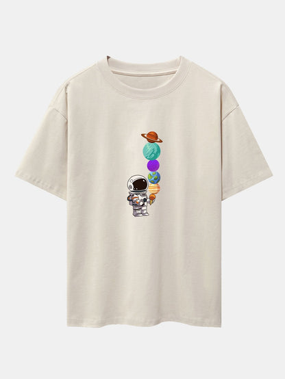 Oversize-T-Shirt mit überschnittener Schulter und Planet-Astronaut-Print