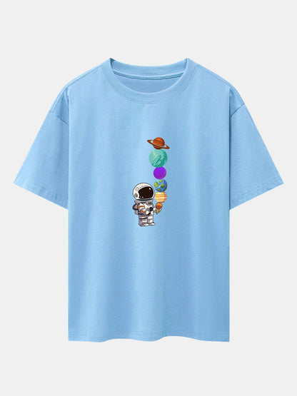 Oversize-T-Shirt mit überschnittener Schulter und Planet-Astronaut-Print