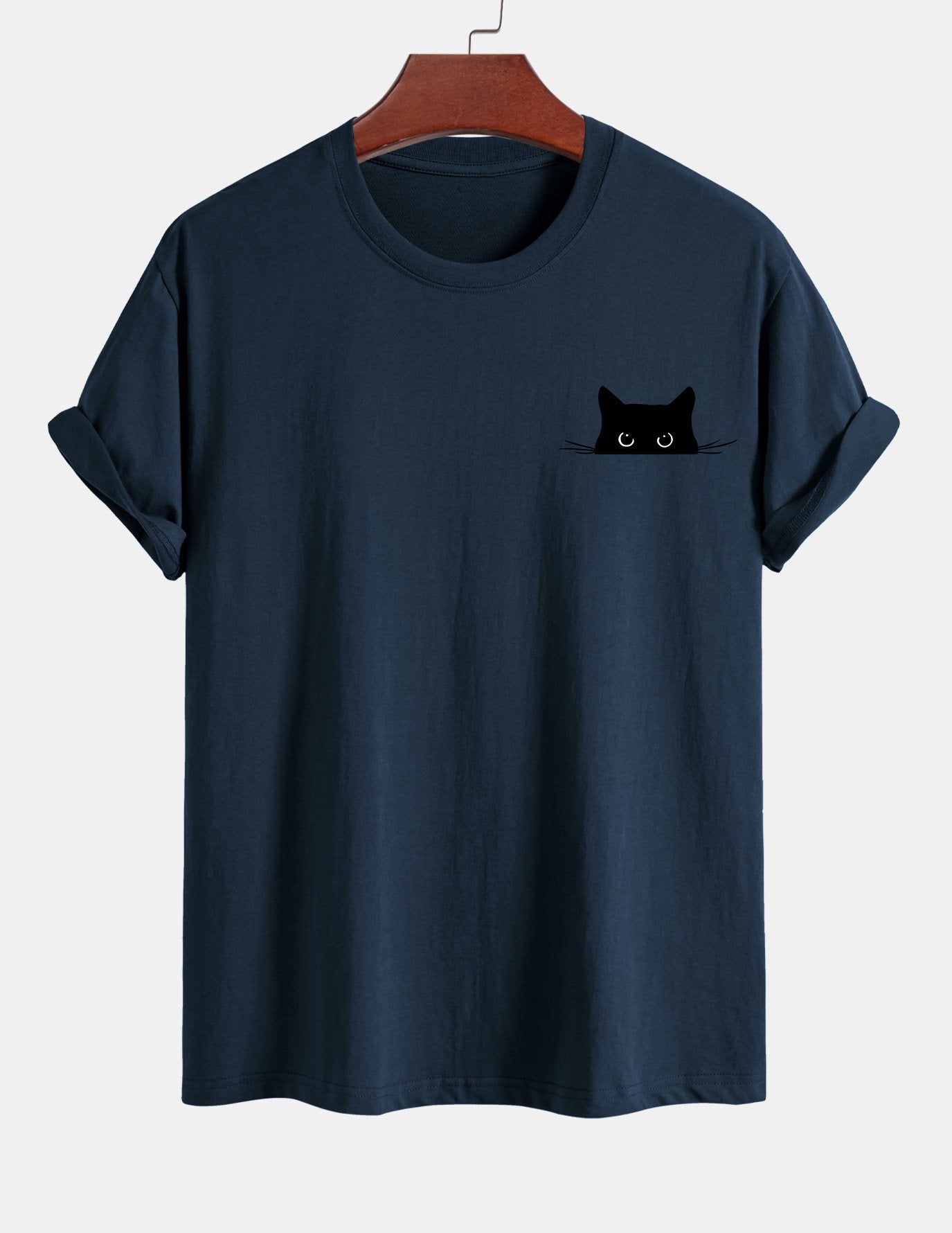 Schwarzes Baumwoll-T-Shirt mit Katzen-Print in normaler Passform