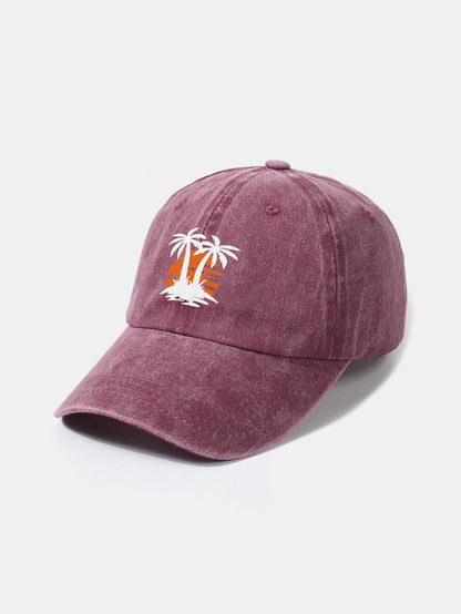 Klassische, lässige Baseballkappe aus gewaschener Baumwolle im Retro-Stil mit Kokosnussbaum-Sonnenuntergangsmuster 