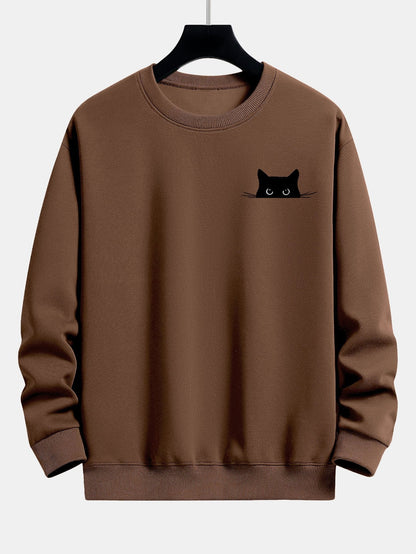 Schwarzes Relaxed Fit Sweatshirt mit Katzen-Print