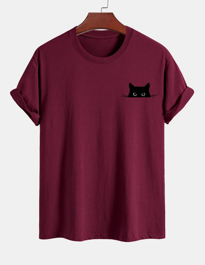 Schwarzes Baumwoll-T-Shirt mit Katzen-Print in normaler Passform