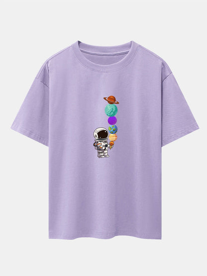 Oversize-T-Shirt mit überschnittener Schulter und Planet-Astronaut-Print