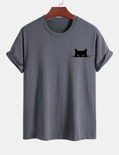 Schwarzes Baumwoll-T-Shirt mit Katzen-Print in normaler Passform