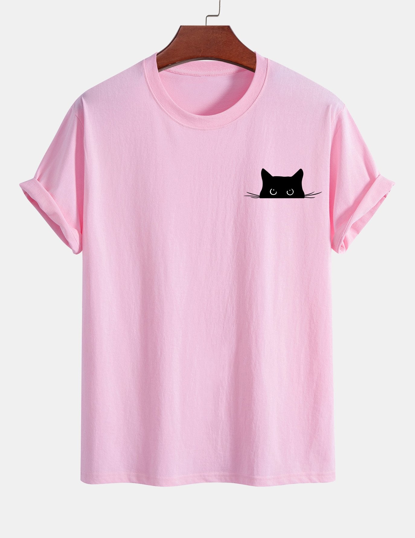 Schwarzes Baumwoll-T-Shirt mit Katzen-Print in normaler Passform